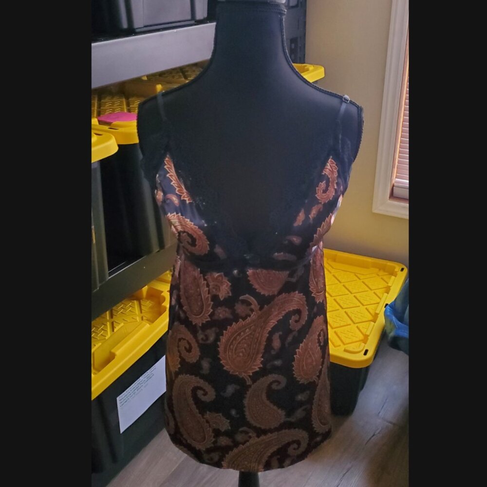 SILK & LACE Paisley Satin Slip Dress Lace Trim Size S M